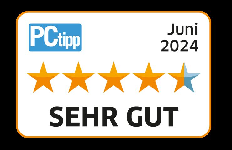 Label mit PCtipp Bewertung von 4.5 von 5 Sternen als sehr gut vom Juni 2024