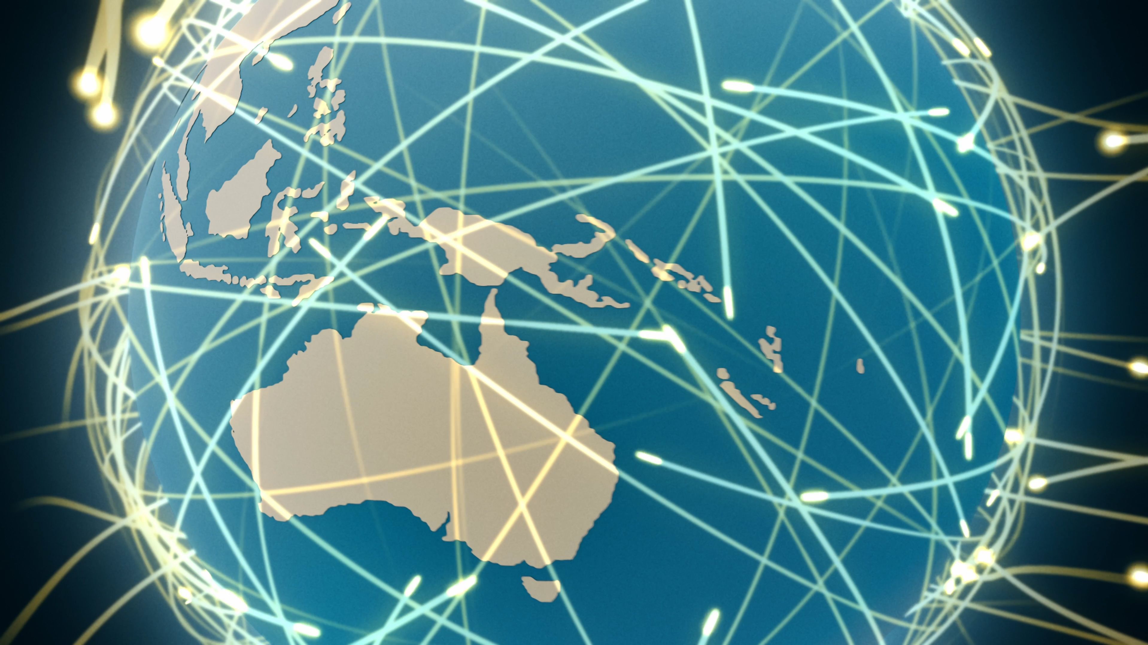 Weltkugel mit visualisierten Datenströmen