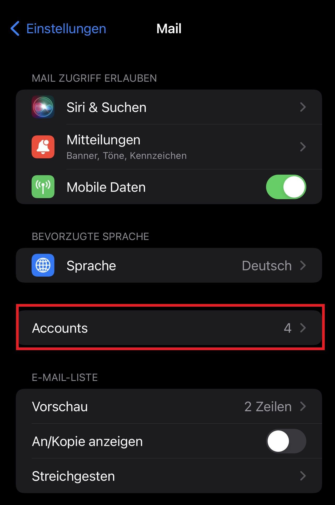Apple iOS - Einstellungen Menü - Option Accounts