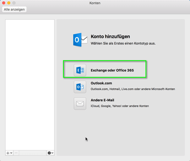 Konto hinzufügen Exchange oder Office 365
