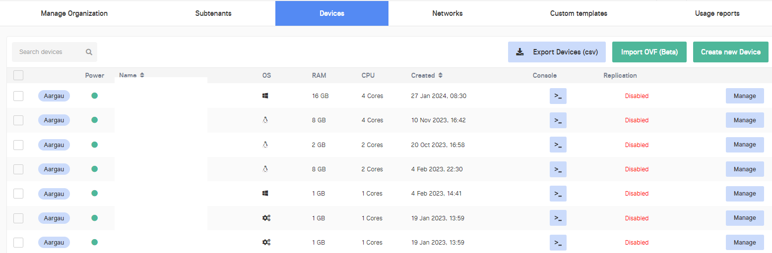 ScreenShot der Rubrik Devices der Verwaltungssoftware vom virtuellen Datacenter VDC Pro