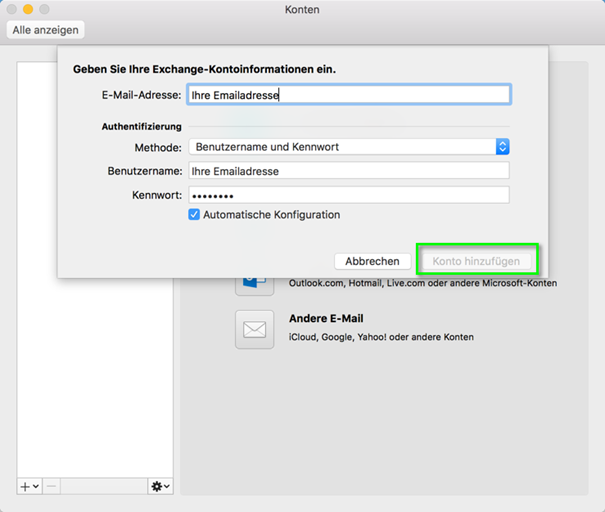 Gebe Sie ihre Exchange-Kontoinformationen ein