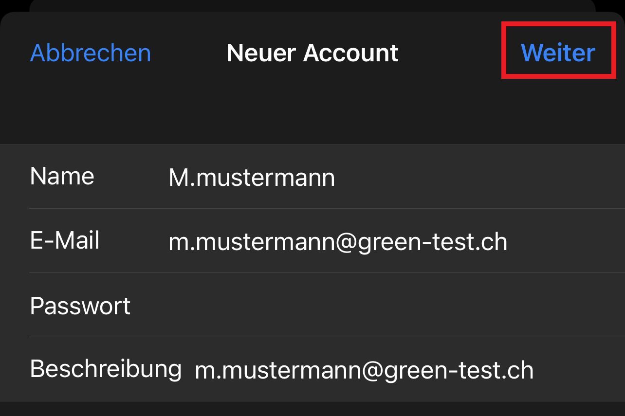 iOS Einstellungen - Neuer Account