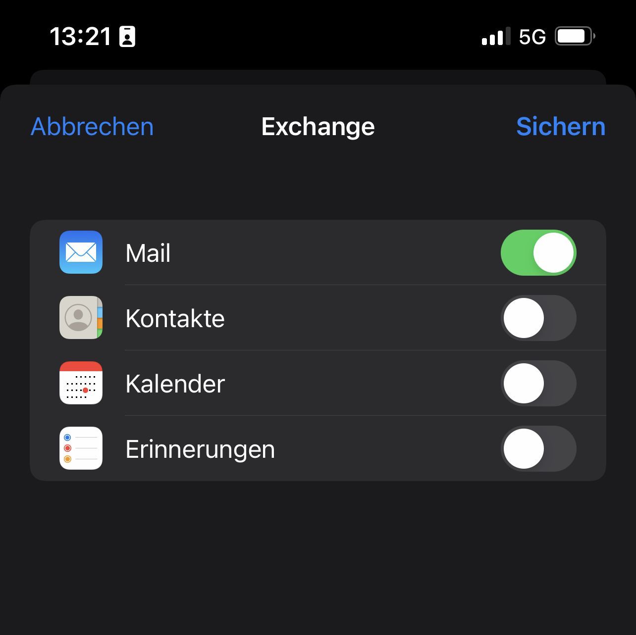 Exchange Account - Sychronisationoptionen bestätigen