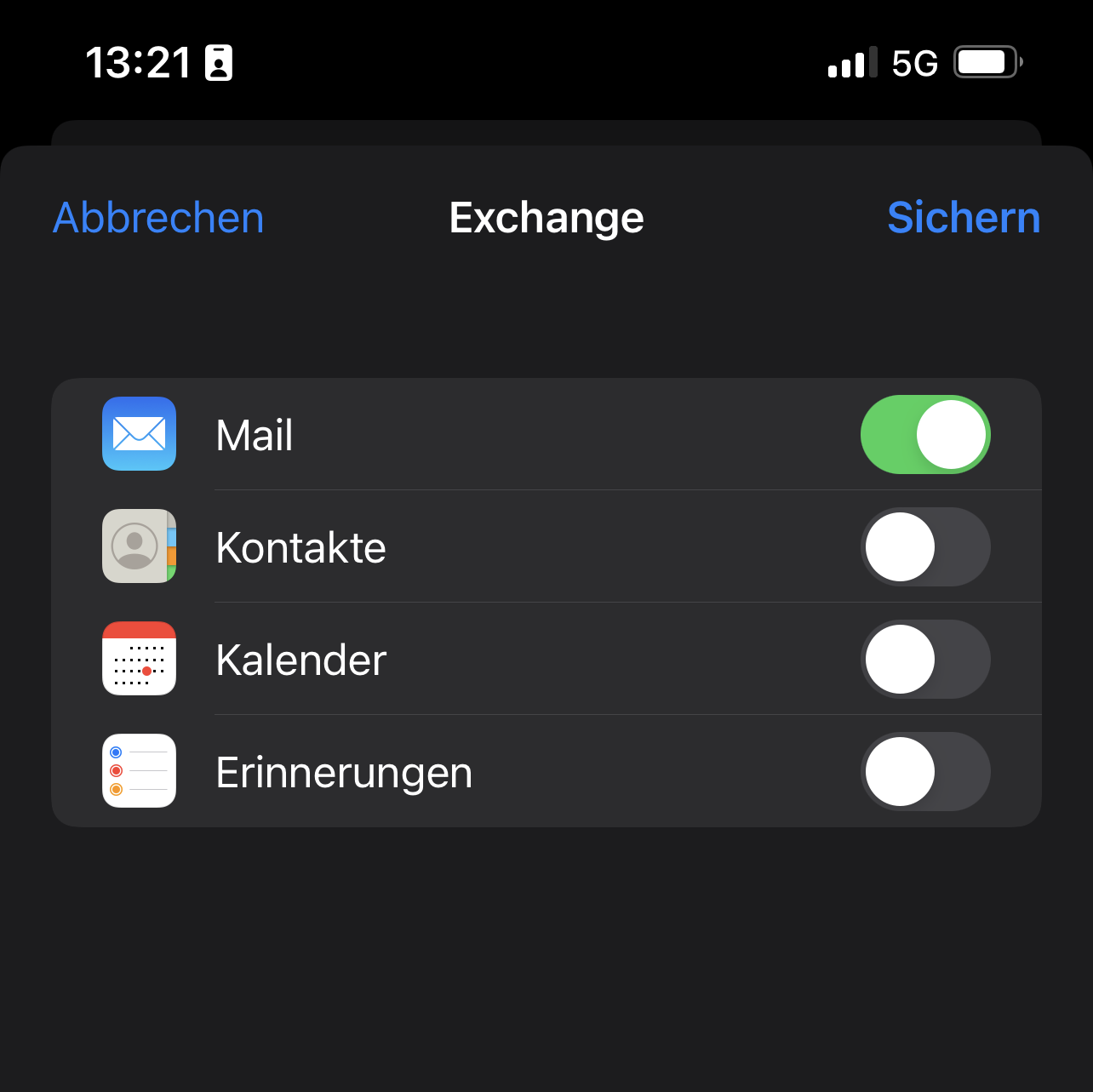 Exchange Account - Sychronisationoptionen bestätigen