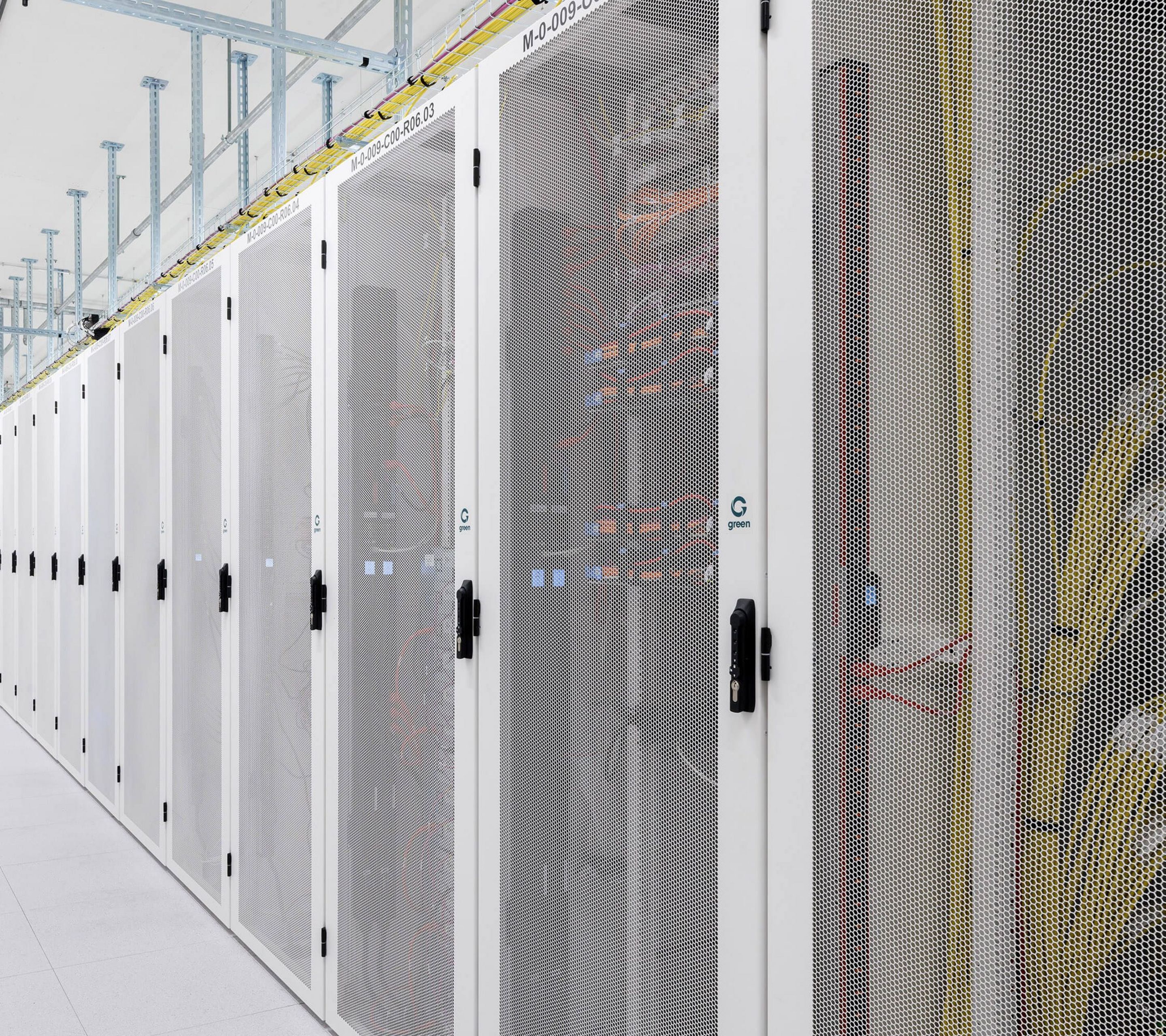Green data center aisle with racks