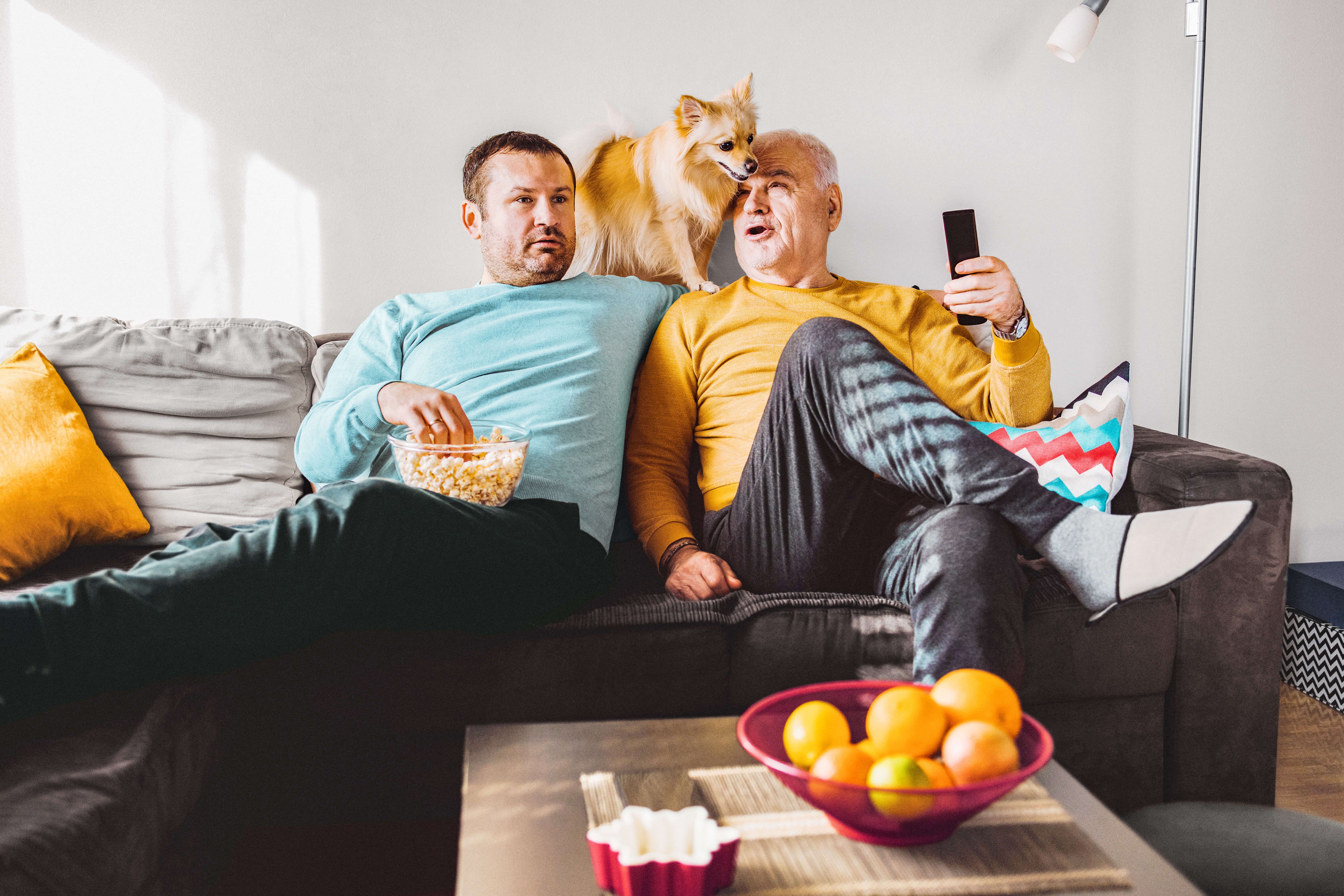 Zwei Freunde und ihr Hund schauen gemeinsam TV.