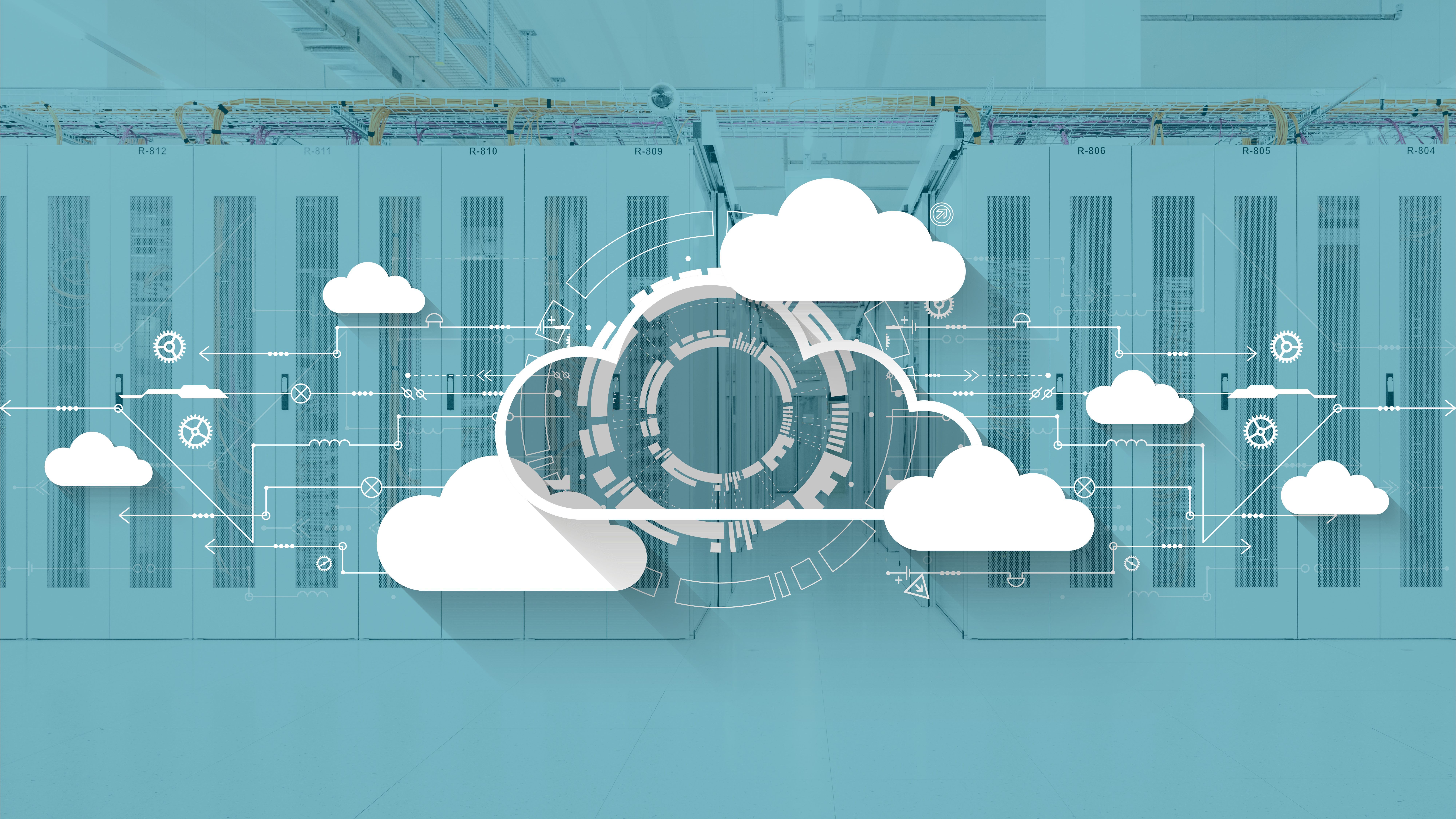 Server room in Green data center with cloud visualization