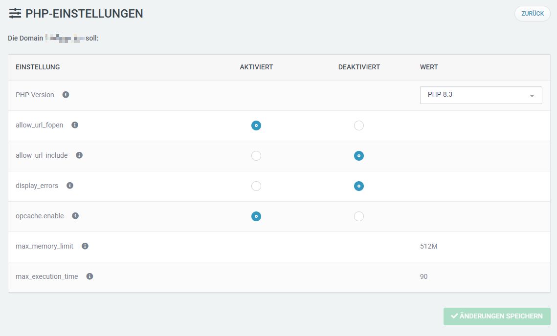 Web & Mail Control Panel - Domains - PHP-Einstellungen