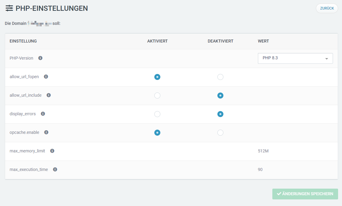 [Translate to Englisch:] Web & Mail Control Panel - Domains - PHP-Einstellungen