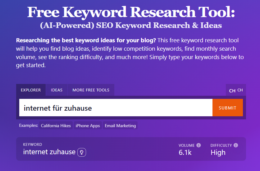 Bildausschnitt eines Tools zur Keyword-Recherche