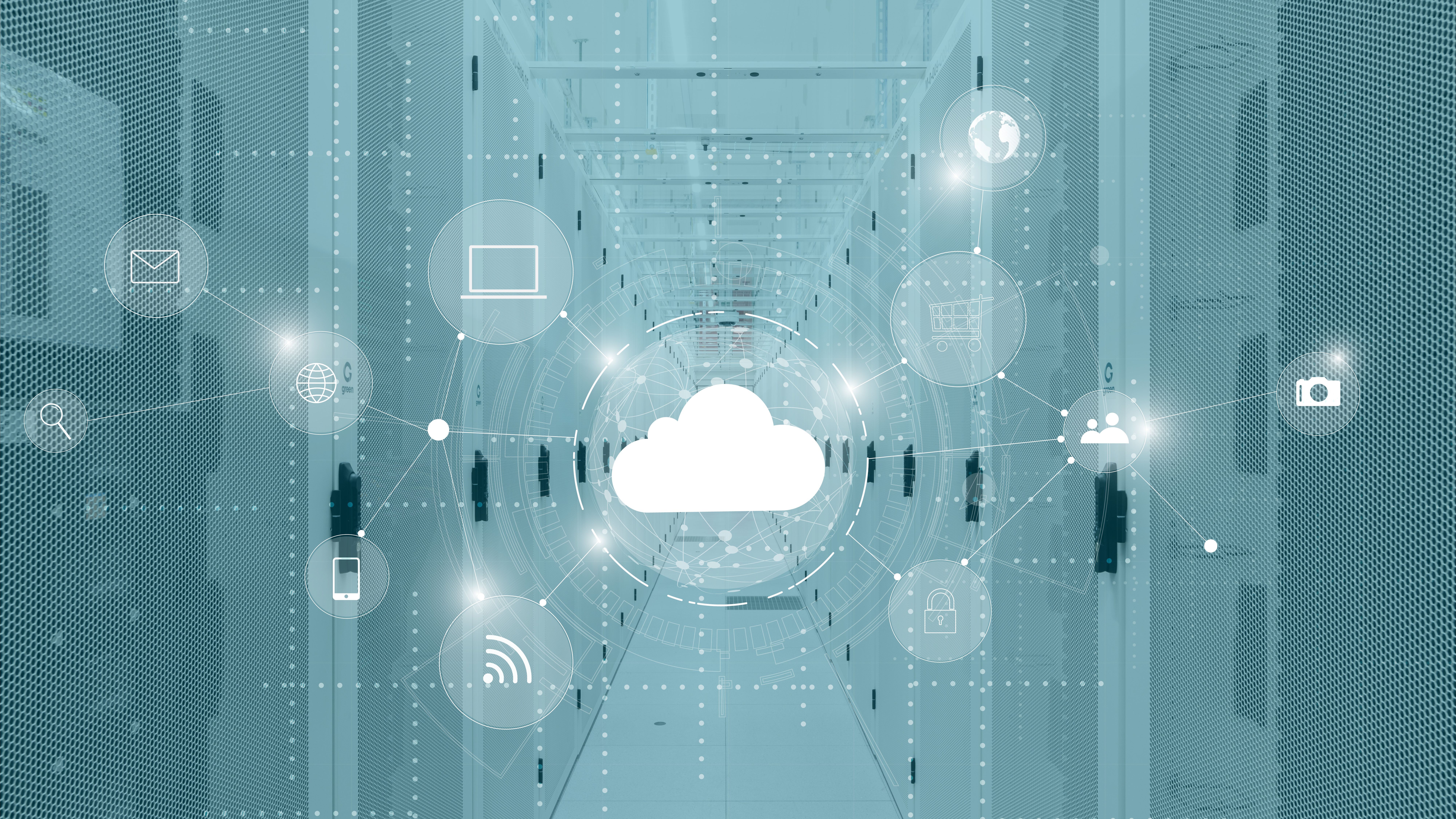 Cold aisle in a data center with cloud visualization