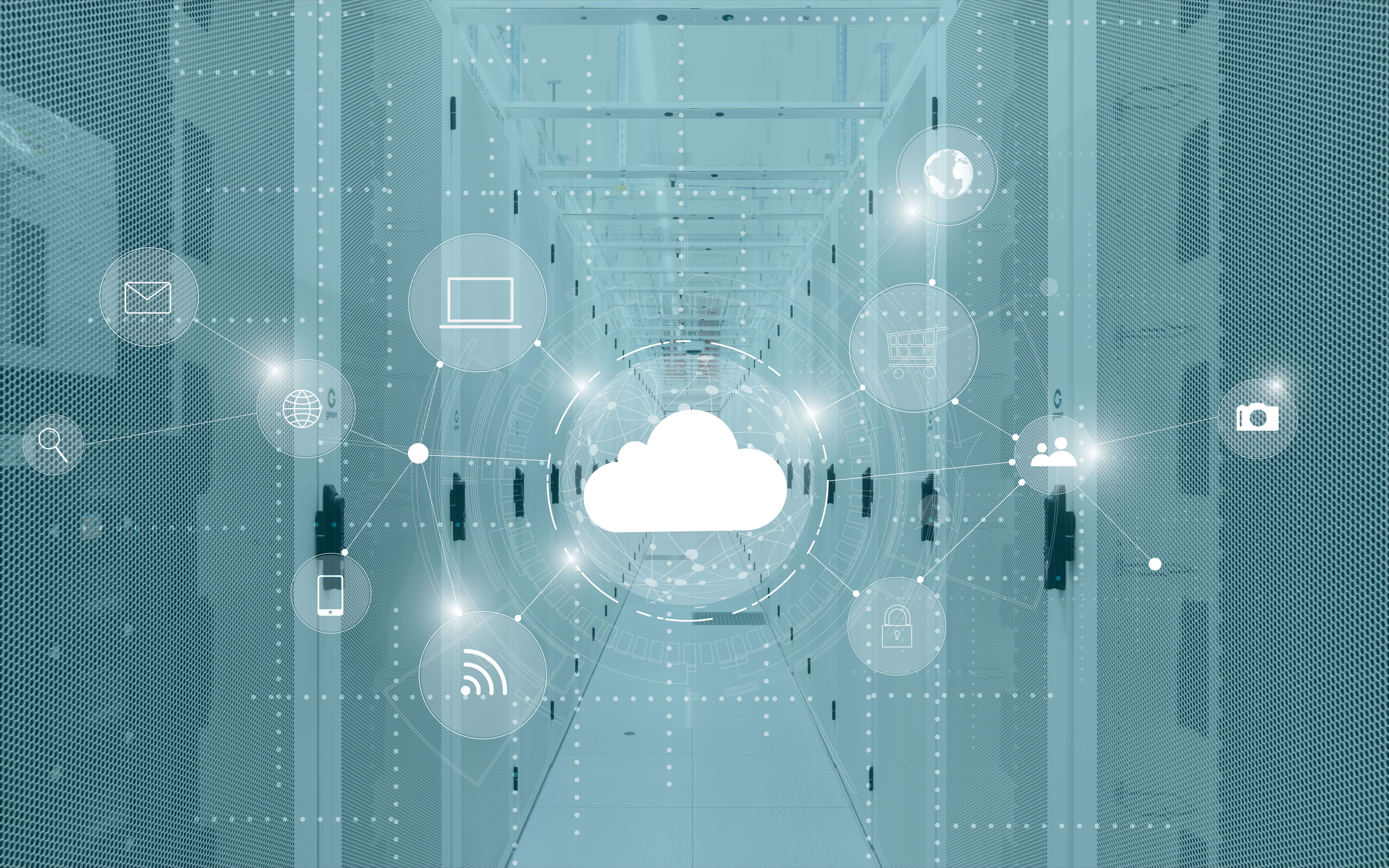 Cold aisle in a data center with cloud visualization