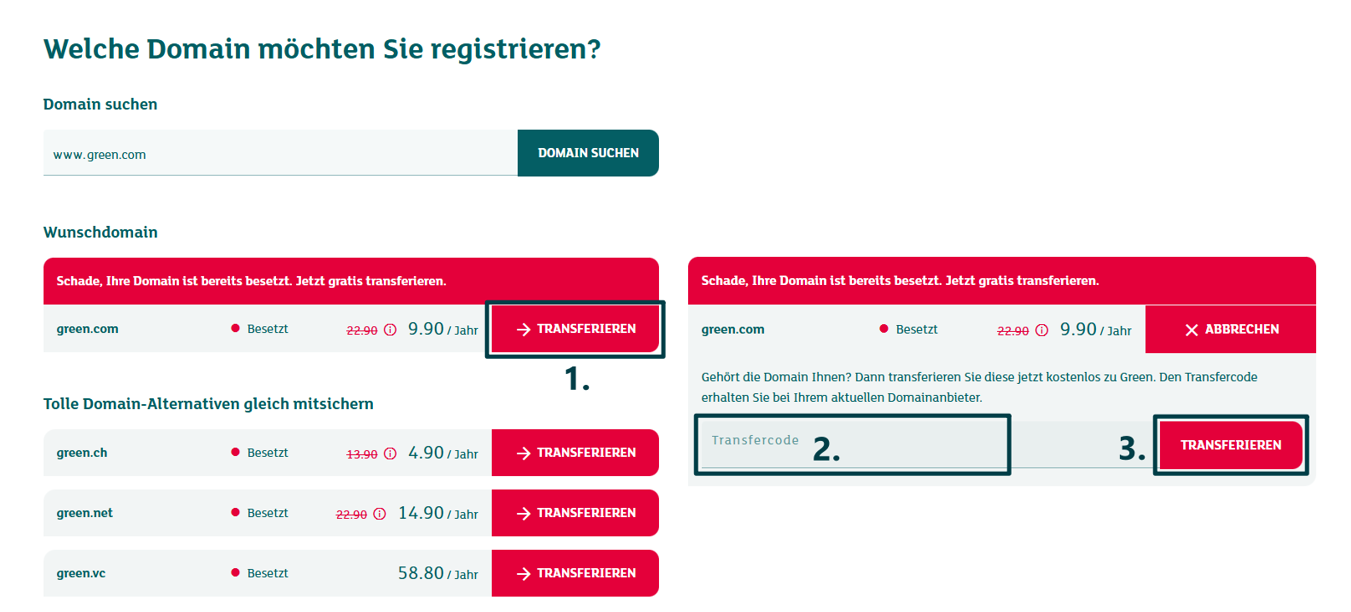 Bildausschnitt der Initialisierung eines Domain-Transfers im Bestellprozess von Green