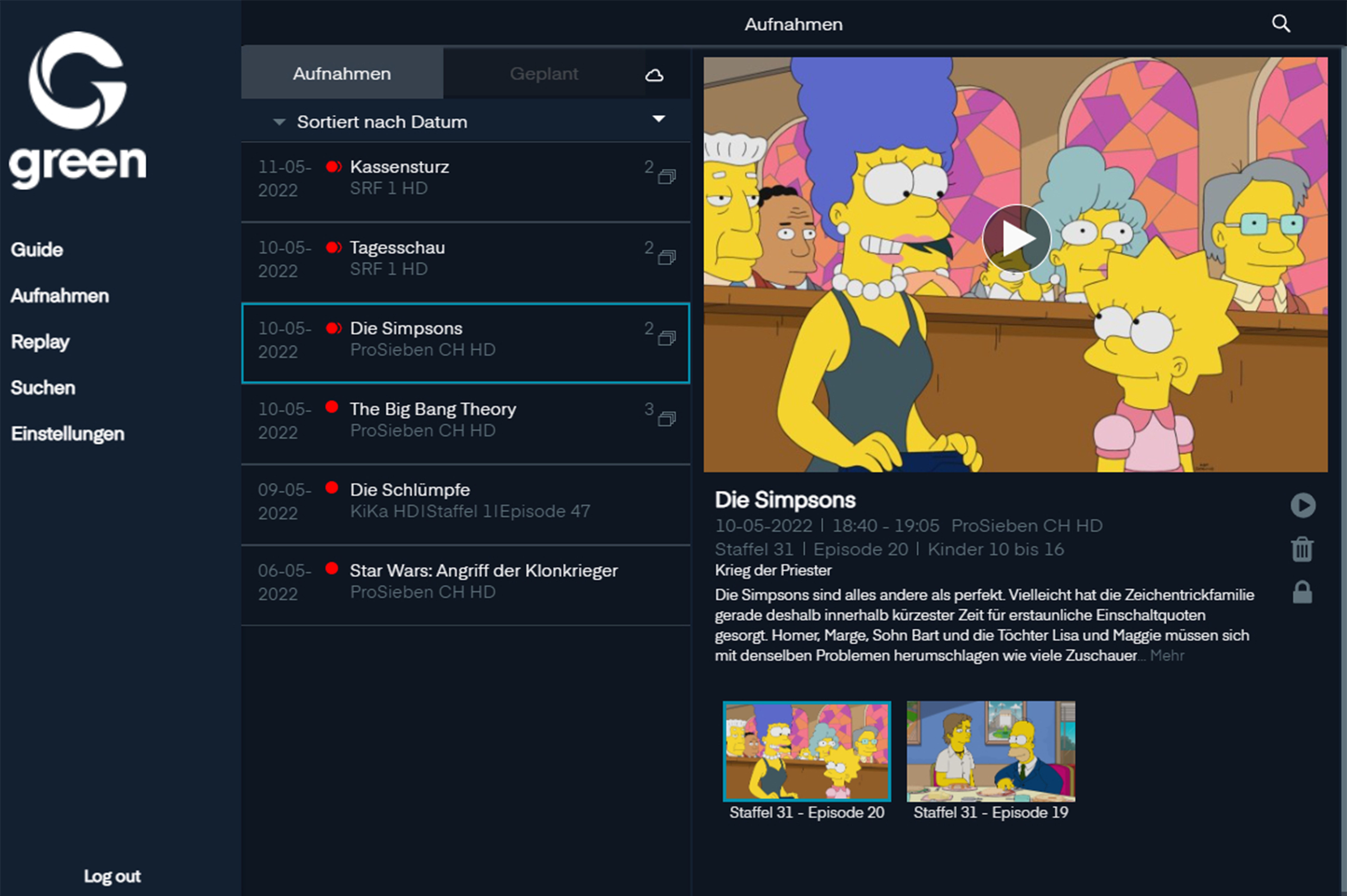 Screenshot der das einfache Aufnehmen von Sendungen mit dem TV Abo von Green zeigt