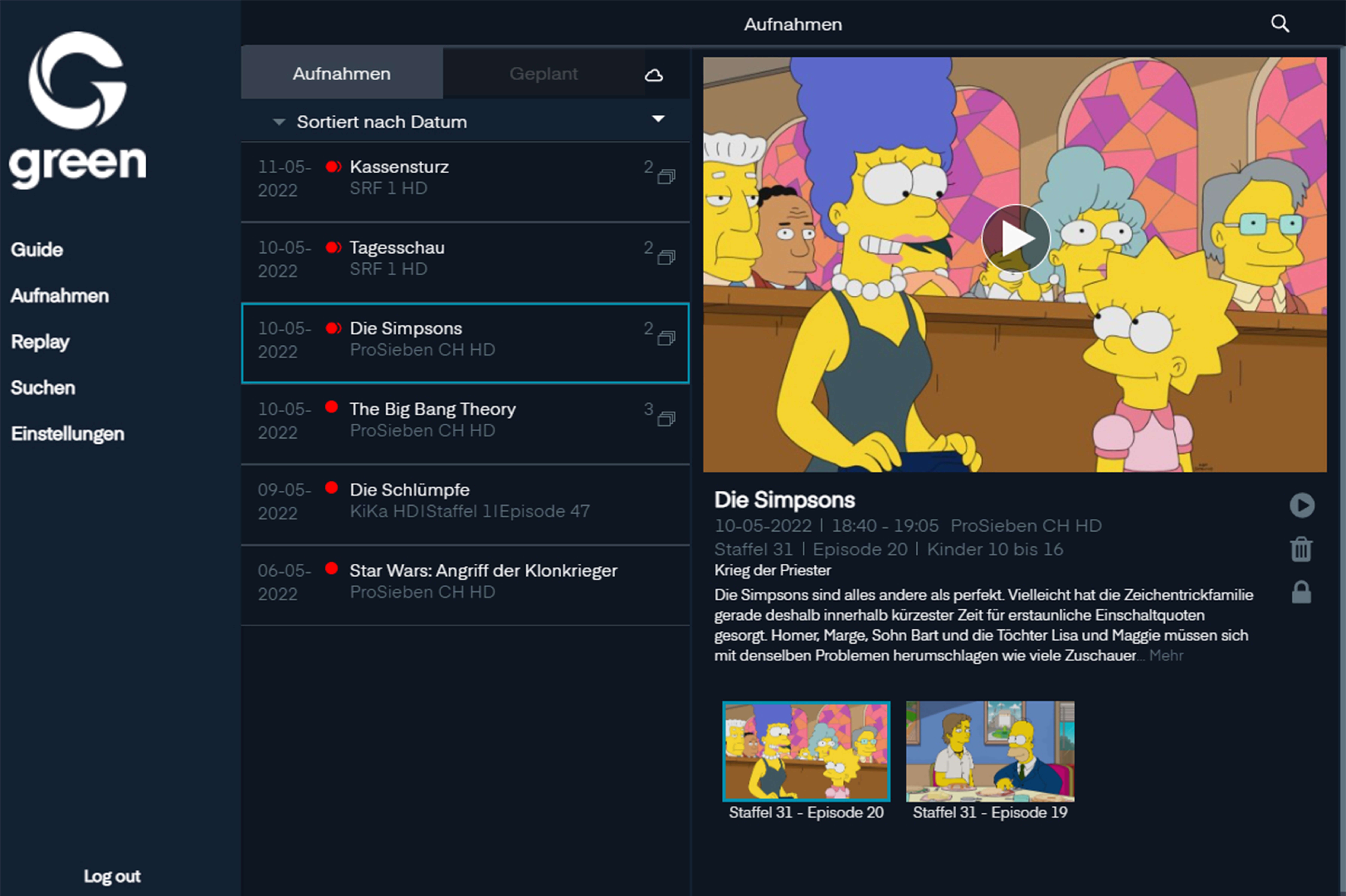 Screenshot der das einfache Aufnehmen von Sendungen mit dem TV Abo von Green zeigt