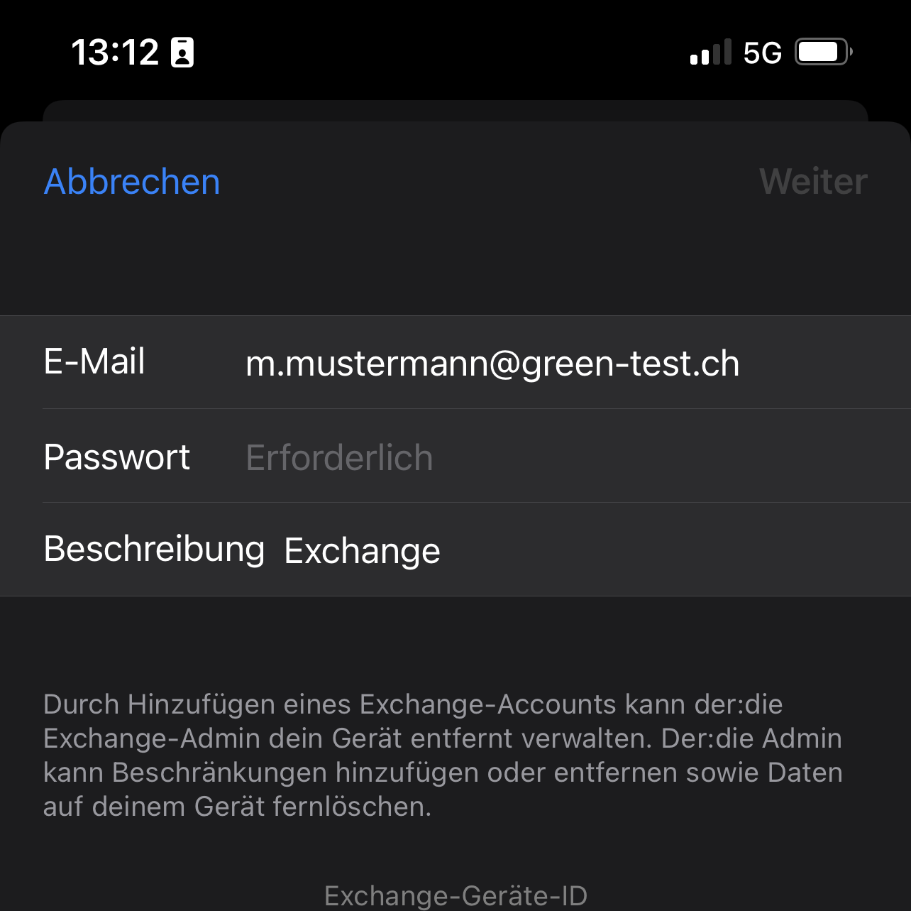 Microsoft Exchange - Passwort & E-Mail eintragen