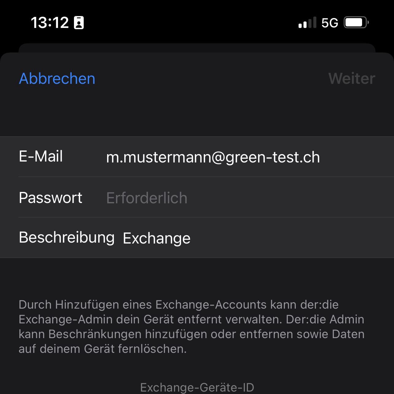 Microsoft Exchange - Passwort & E-Mail eintragen