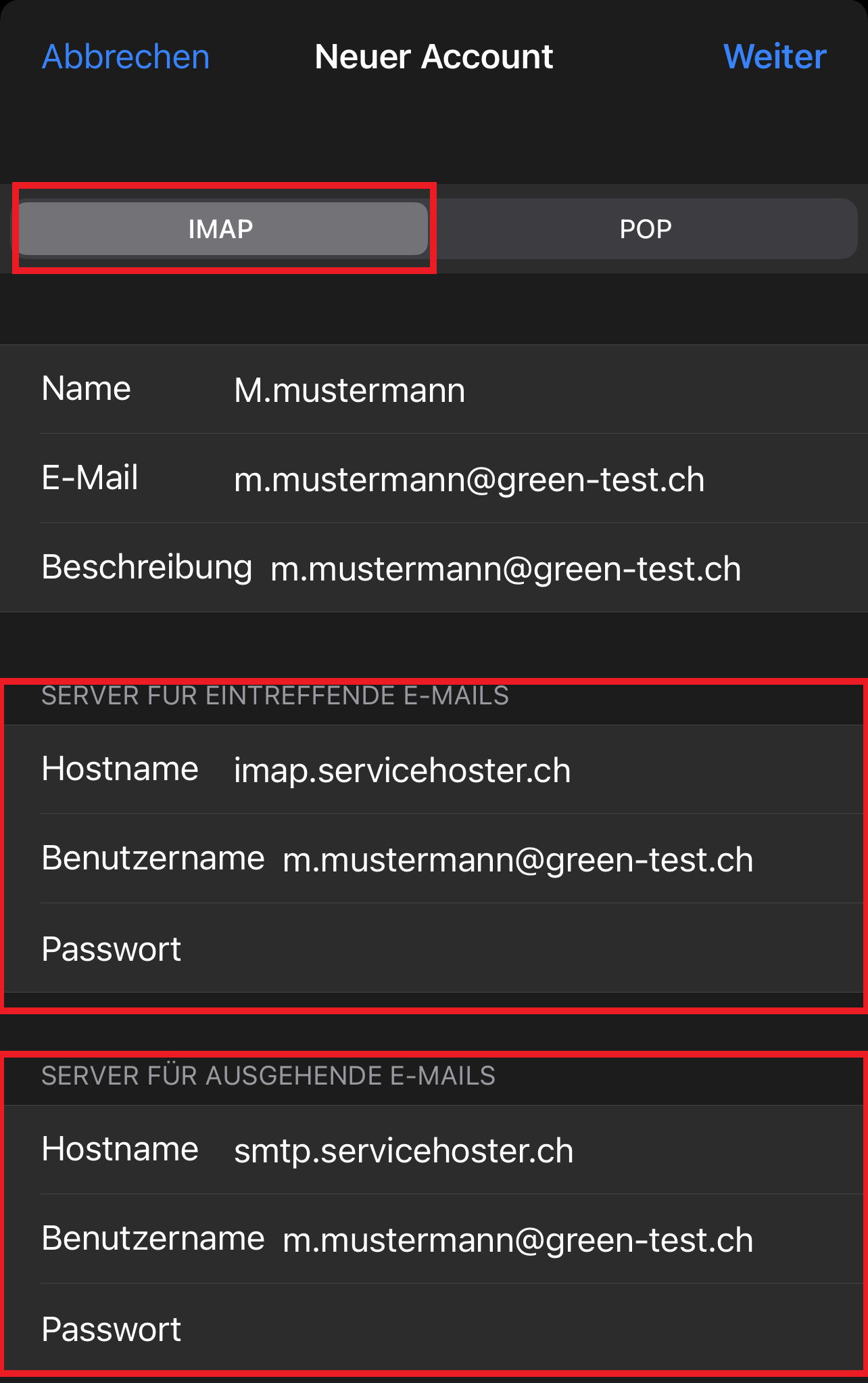 iOS Einstellungen - Neuer Account