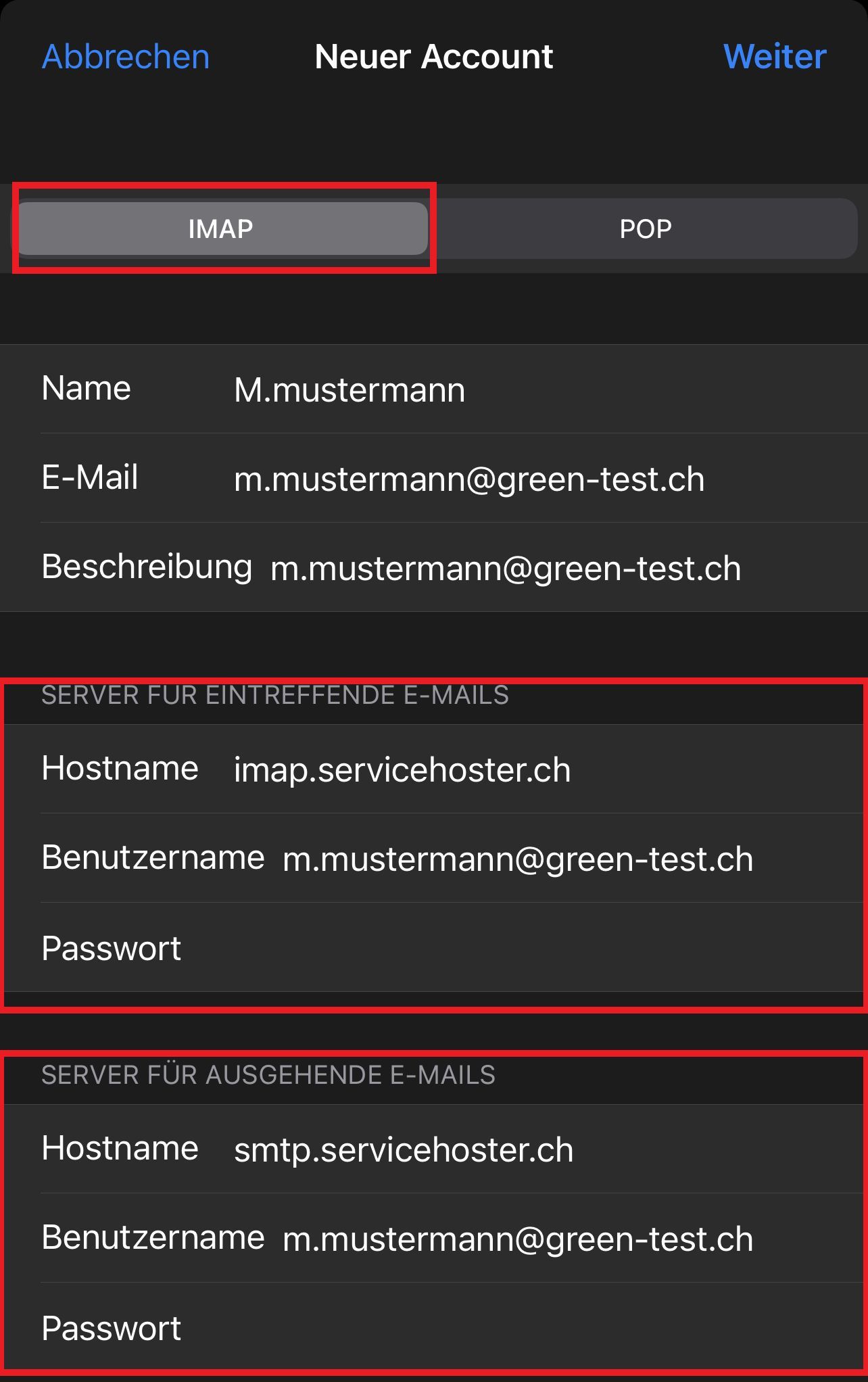 iOS Einstellungen - Neuer Account
