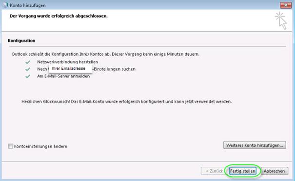Konto hinzufügen / Fertigstellen