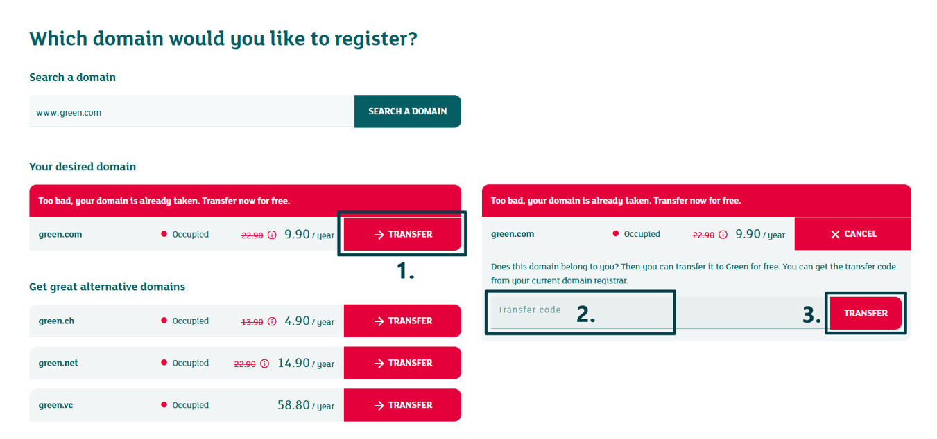 Screenshot of the domain transfer initialization in Green's order process