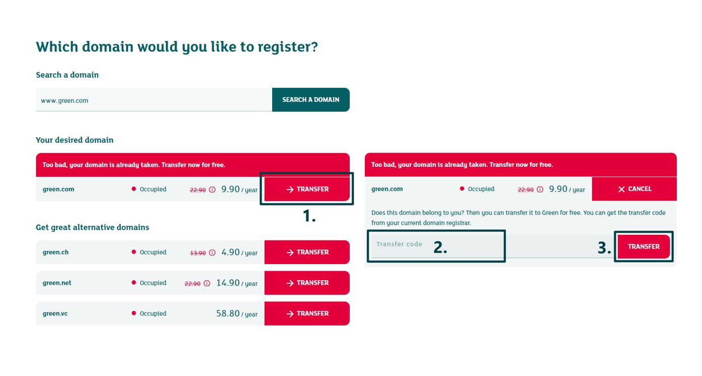 Screenshot of the domain transfer initialization in Green's order process